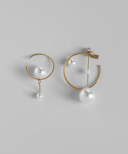 Asymmetric Pearl Hoop Earrings [Surgical Stainless Steel]