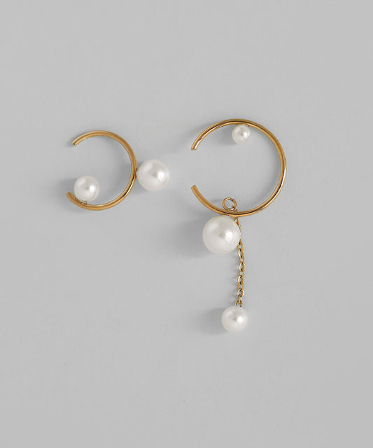 Asymmetric Pearl Hoop Earrings [Surgical Stainless Steel]