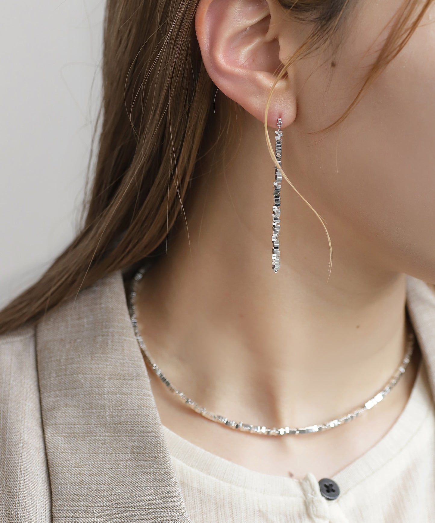 Square Bead Long Earrings [925 Silver]