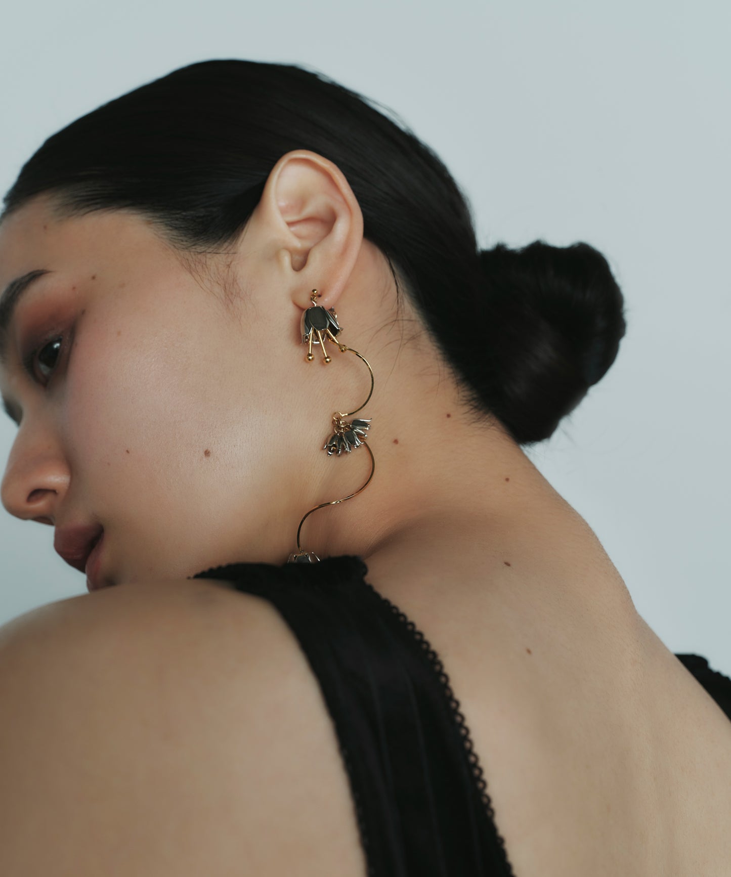 Two-Tone Flower Asymmetric Back Catch Earrings