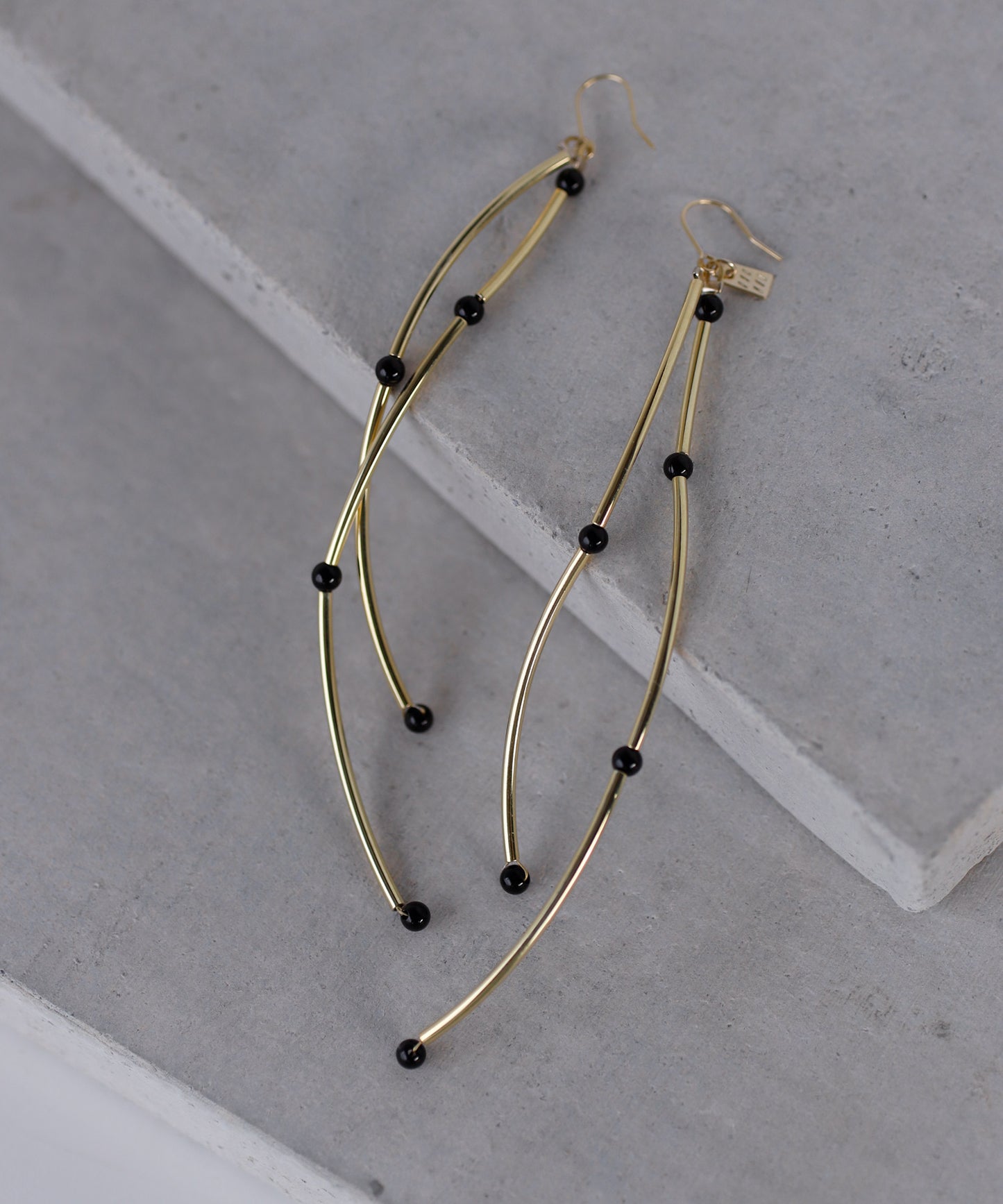 Gemstone × Curved Long Hook Earrings