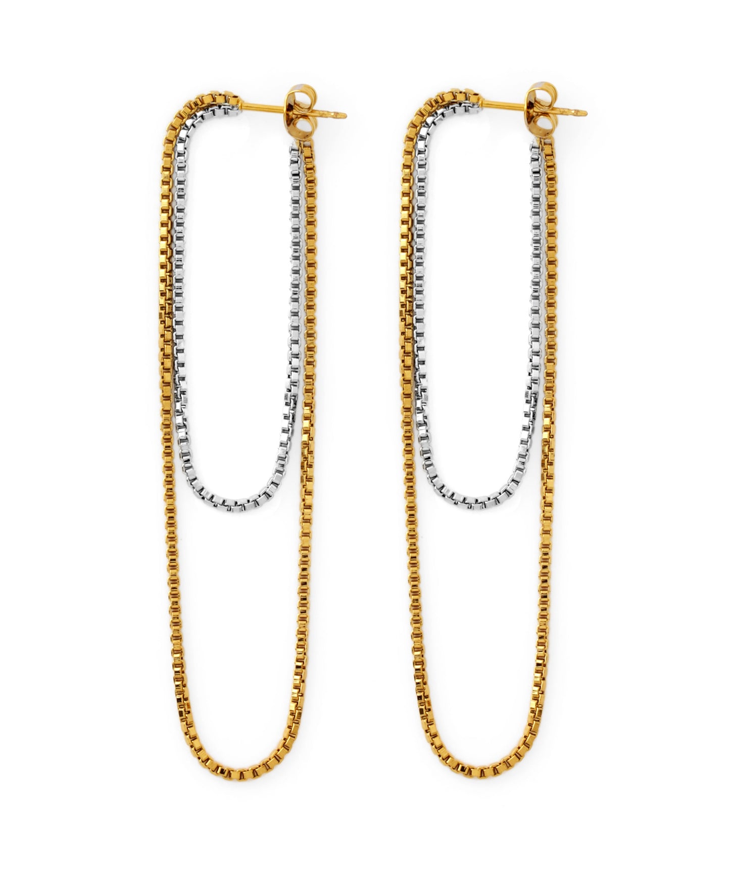 Two-Tone Chain Back Catch Earrings [Stainless Steel] [UMU]