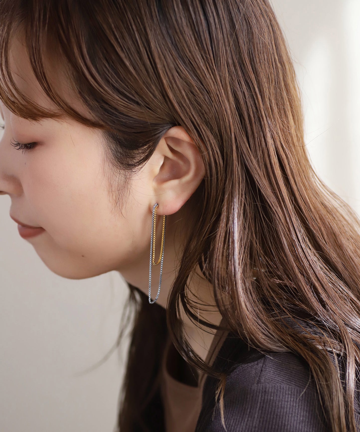 Two-Tone Chain Back Catch Earrings [Stainless Steel] [UMU]