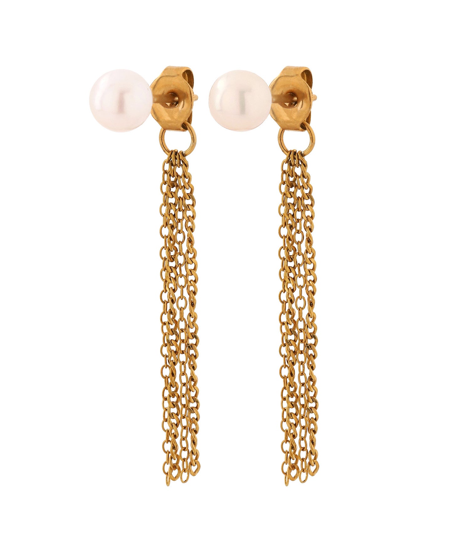 Pearl & Chain Back Catch Earrings [Stainless Steel] [UMU]