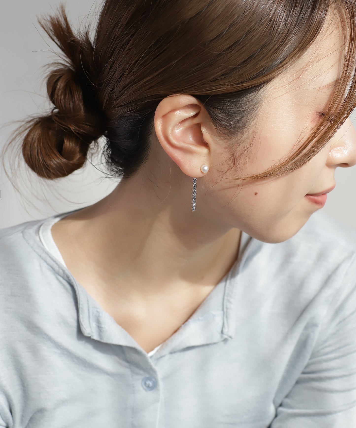 Pearl & Chain Back Catch Earrings [Stainless Steel] [UMU]