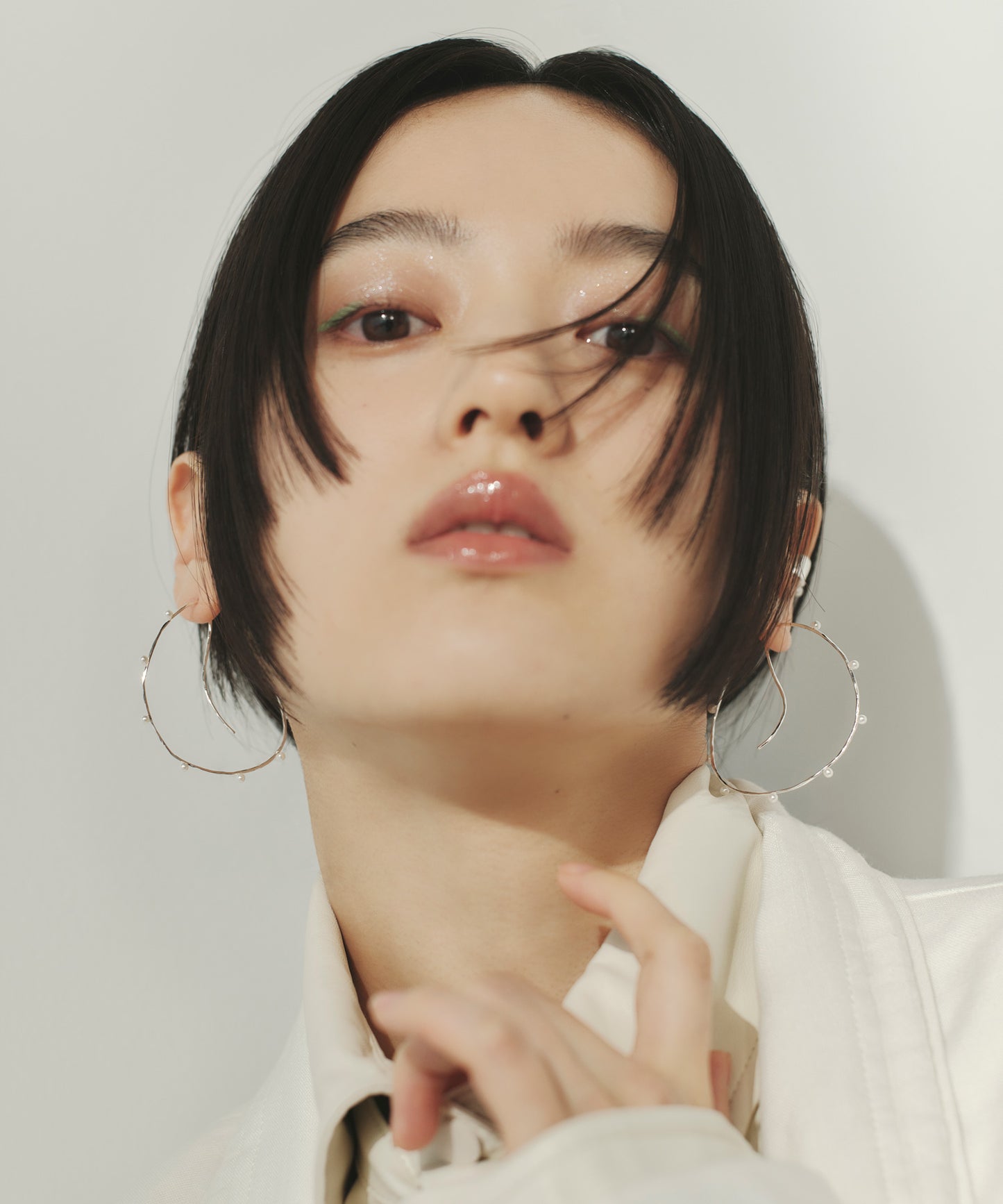 Pearl Line Hook Hoop Earrings [Stainless Steel]