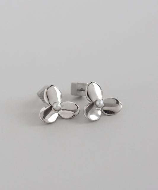 Pearl & Metal Flower Earrings [Surgical Stainless Steel]