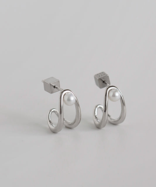 Pearl & Metal Line Hoop Earrings [Surgical Stainless Steel]