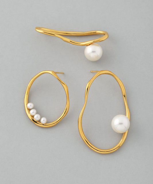 Pearl × Metal Frame Set Earrings[UMU][Ownideal]