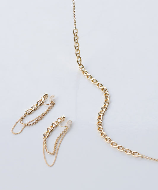 【Online Store Limited】Chain Clip On Earrings × Necklace Set [Sheerchic]